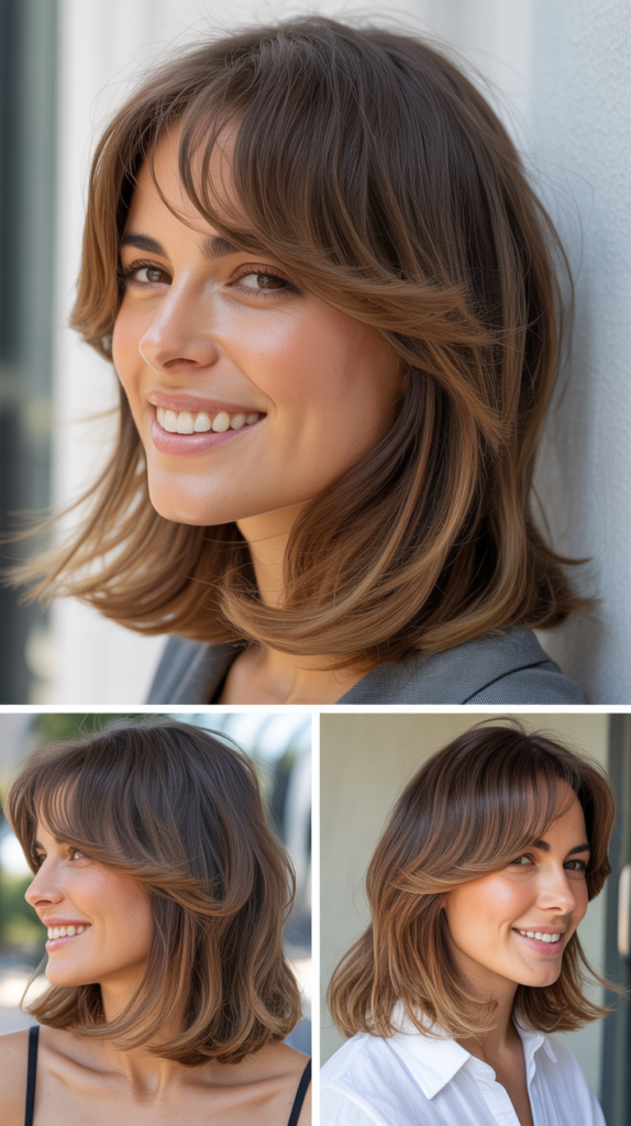 Long Bob With Curtain Bangs And Balayage