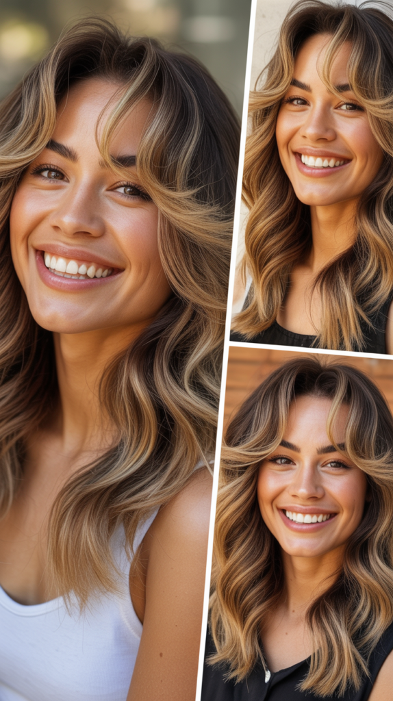  Wavy Lob With Golden Balayage and Baby Bangs