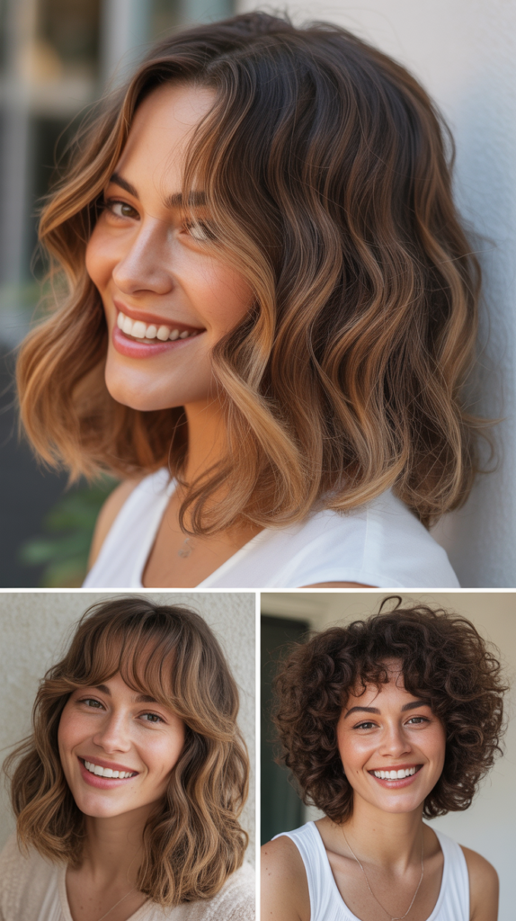  Wavy Lob With Dimensional Color and Curtain Fringe