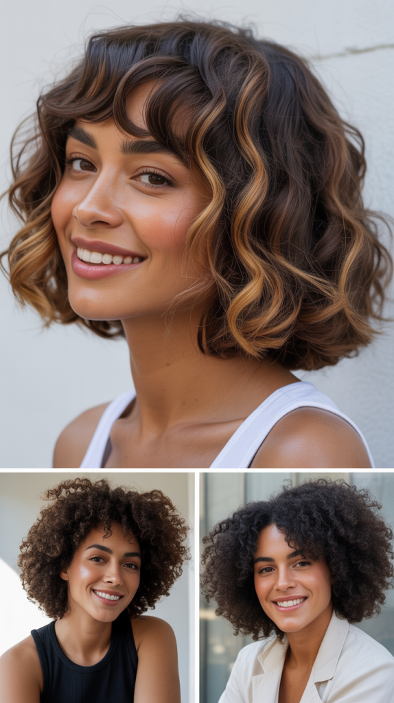 Rounded Lob With Caramel Ribbons and Arched Bangs