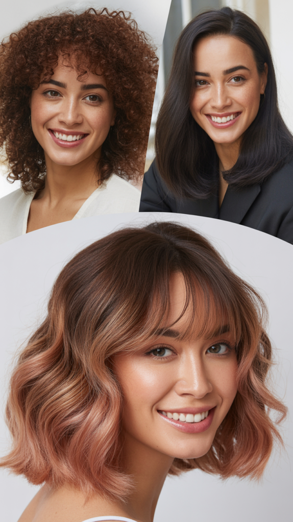 Soft Lob With Rose Gold Balayage and Rounded Bangs