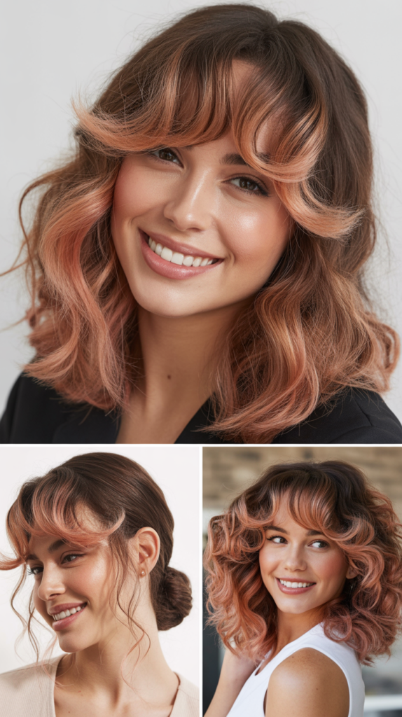 Wispy Curtain Bangs With Rose Gold Tones