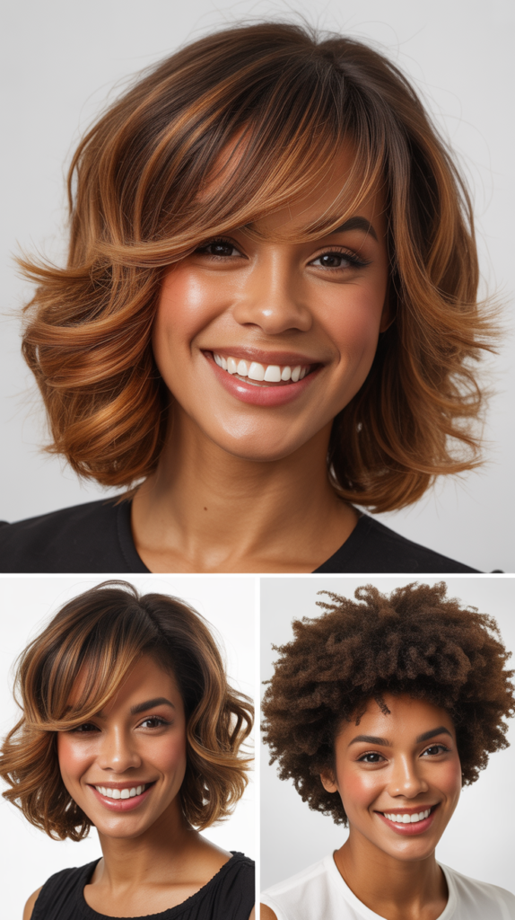 Layered Lob With Copper Balayage and Feathered Bangs