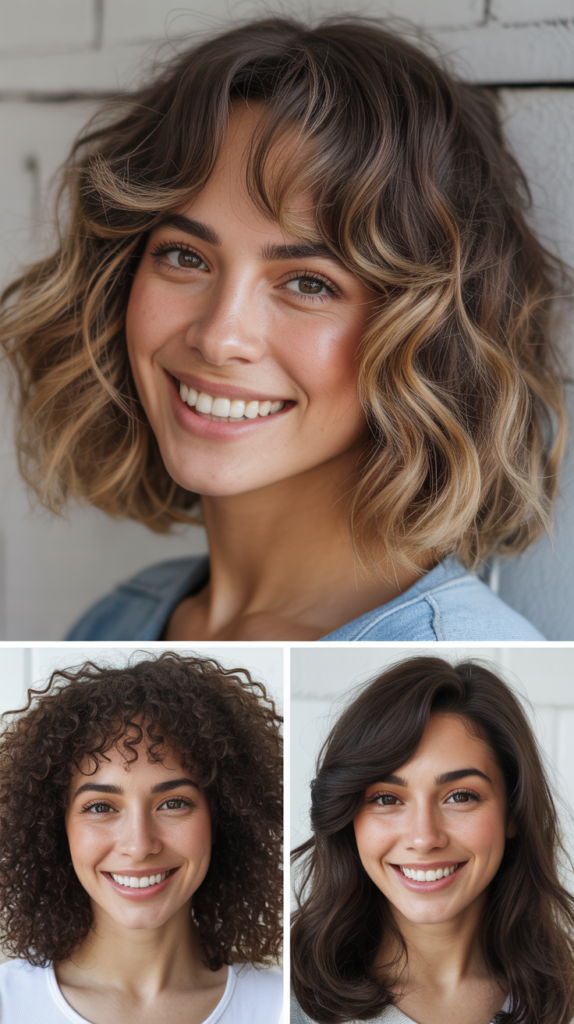 Wavy Lob With Balayage Highlights and Brow-Grazing Bangs