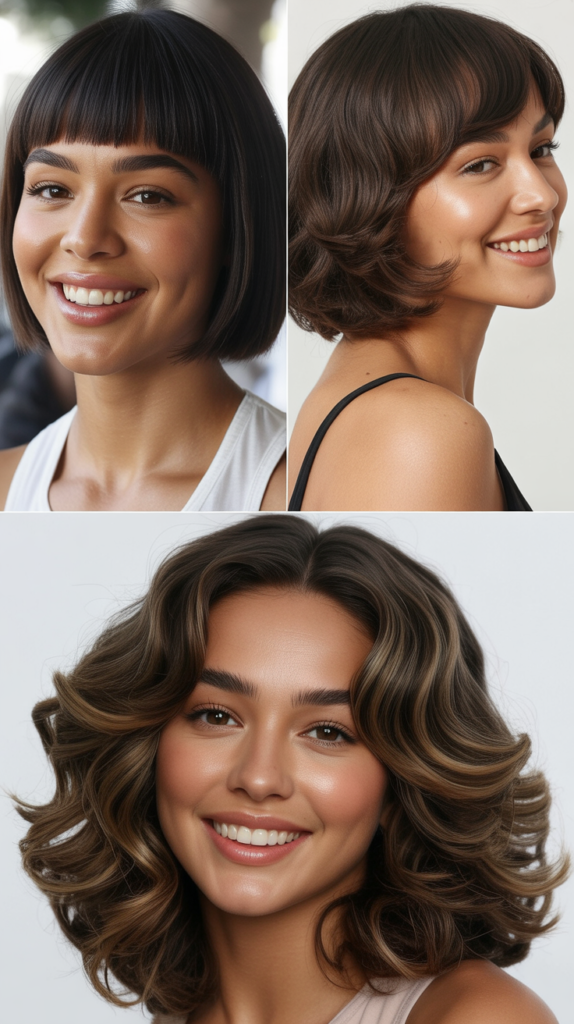 Blunt Bangs with Feathered Ends and Layered Lengths