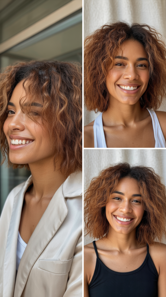 Textured Lob With Caramel Highlights and Curtain Fringe