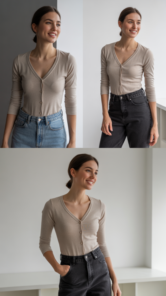 Cardigan Worn as a Top with High-Waisted Bottoms