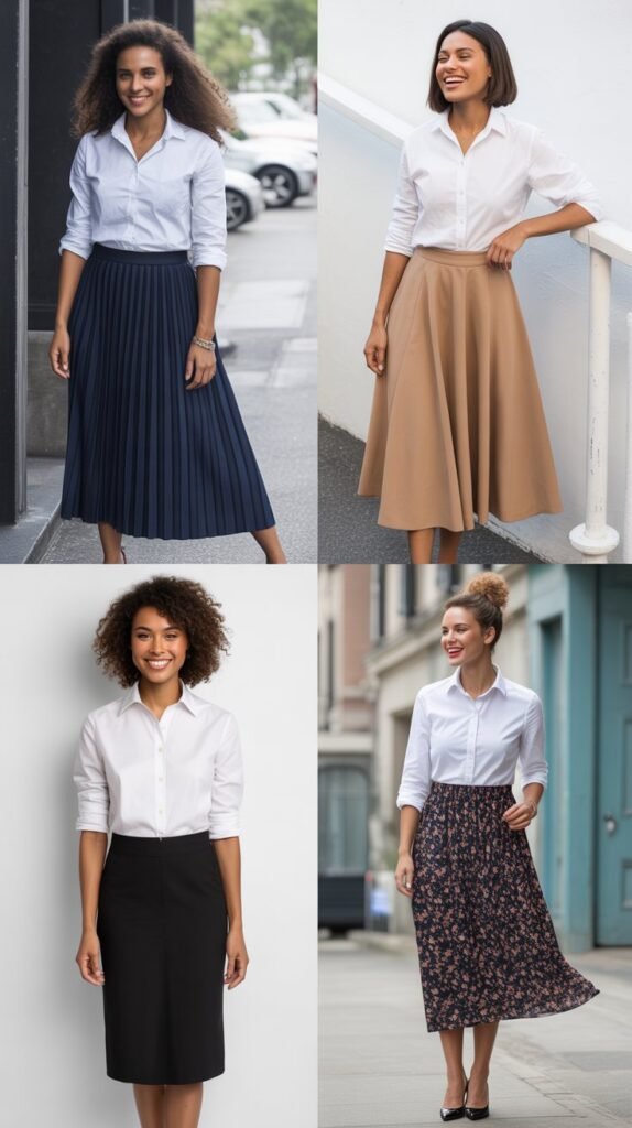 White Button-Down Shirts and Midi Skirts