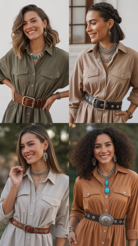 Belted Shirt Dress with Western Jewelry