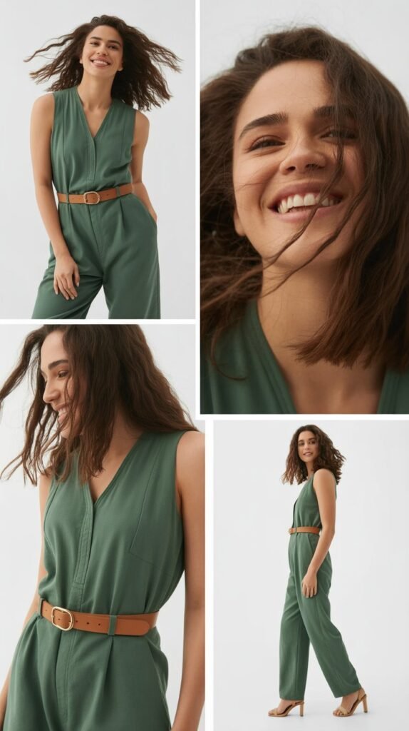 Forest Green Jumpsuit with Tan Belt