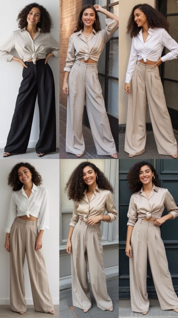 High-Waisted Wide-Leg Trousers with Tucked Blouse