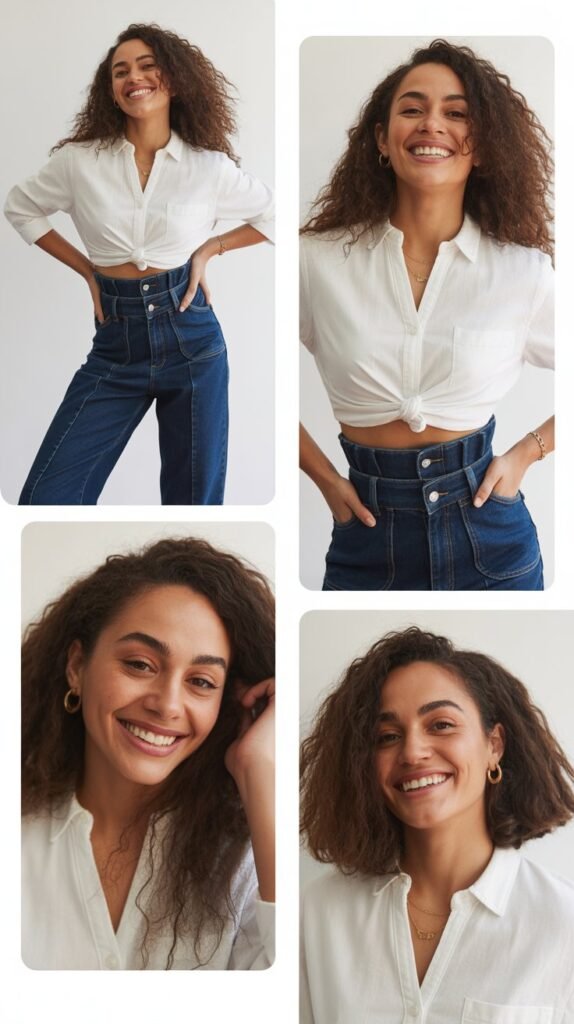 High-Waisted Jeans with Tucked Blouse