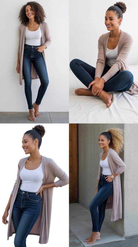 Dark Wash Skinny Jeans with Longline Cardigan