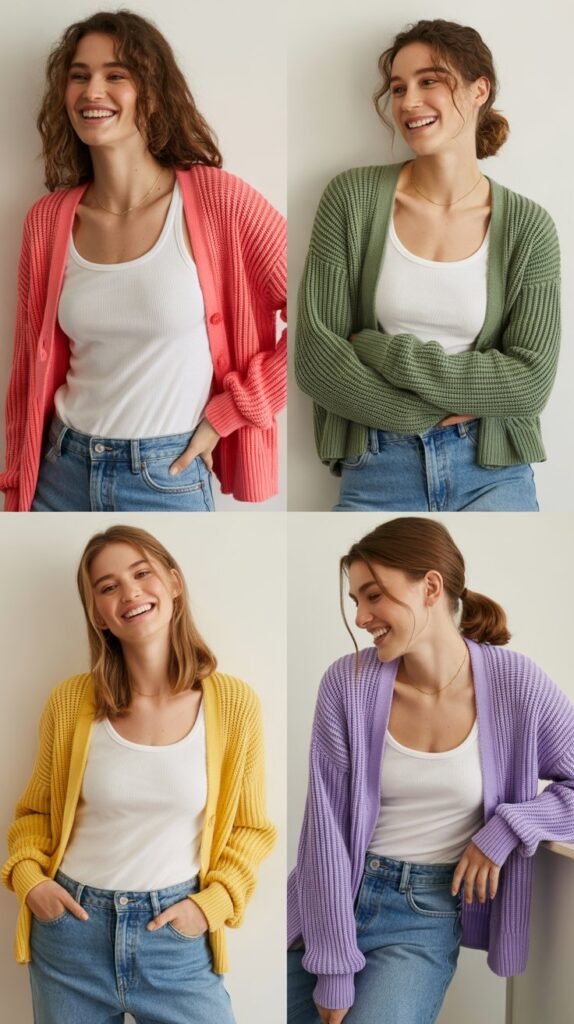 Colorful Cardigan Over Simple Tank