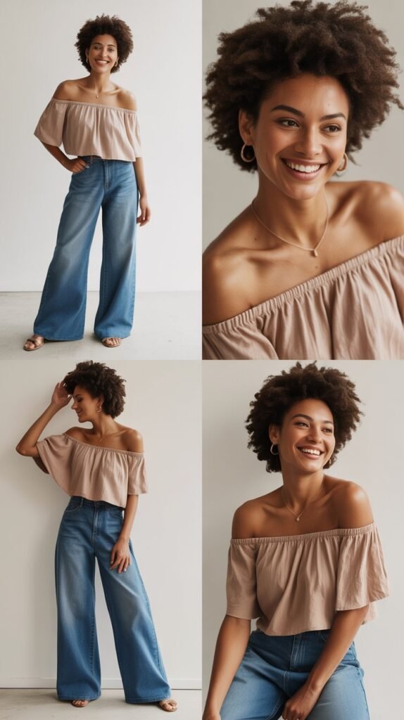  Off-Shoulder Top with Wide-Leg Jeans