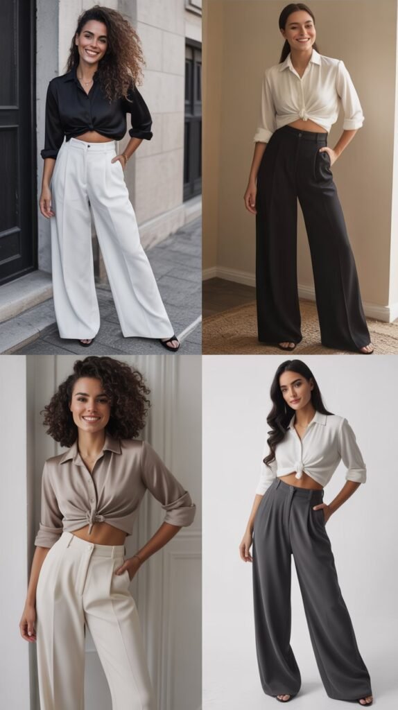 Monochrome High-Waisted Wide Leg Pants and Tucked Blouse