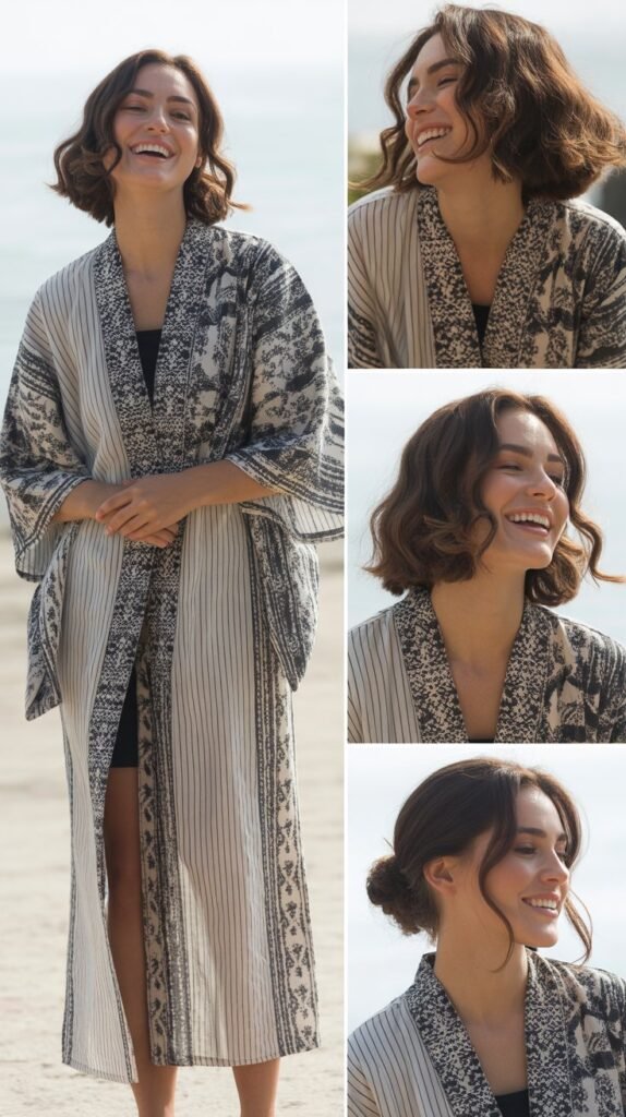 Printed Kimono with Monochrome Base