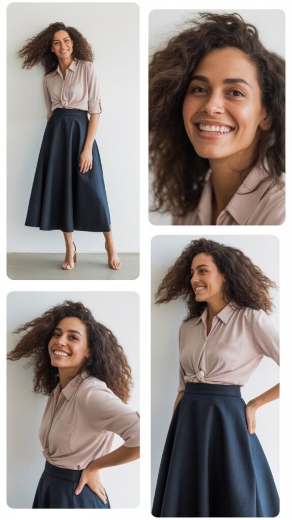 Midi Skirt with Tucked-In Blouse