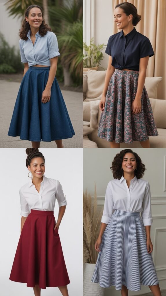 A-Line Midi Skirt with Tucked-In Blouse