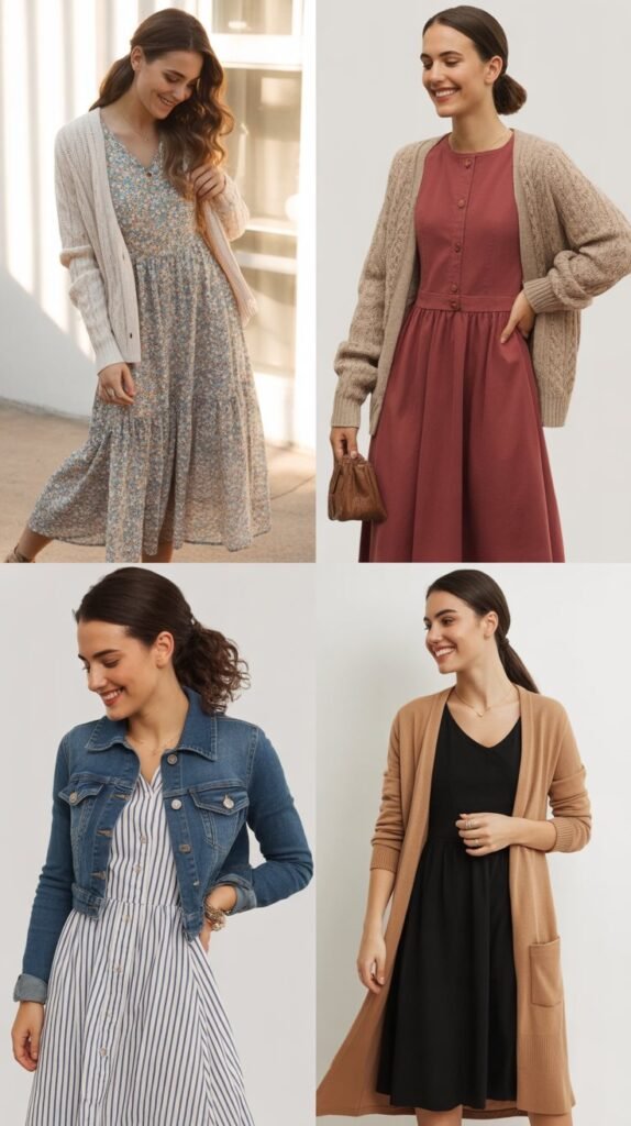 Midi Dress with Cardigan Layering