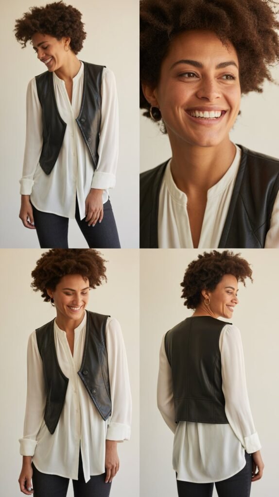 Leather Vest Over Flowing Blouse