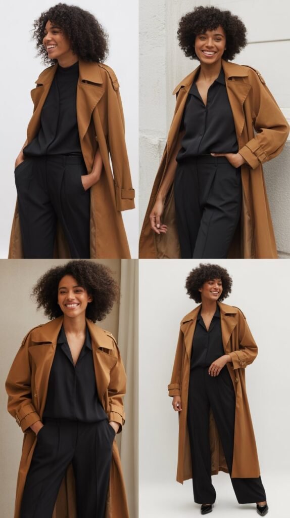Caramel Trench Coat with All-Black Ensemble