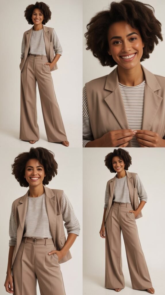 Taupe Wide-Leg Pants with Striped Shirt