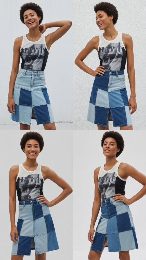 Patchwork Denim Skirt with Graphic Tank