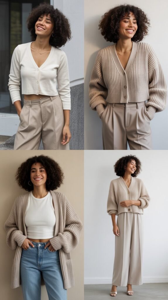 Cardigan as a Top with High-Waisted Pants