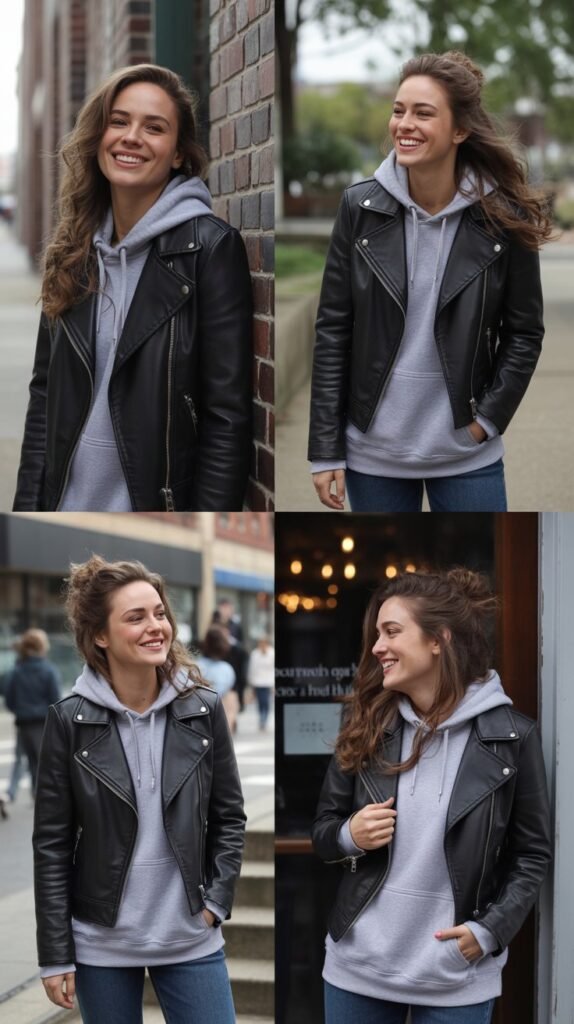 Leather Jacket Layered Over Hoodie