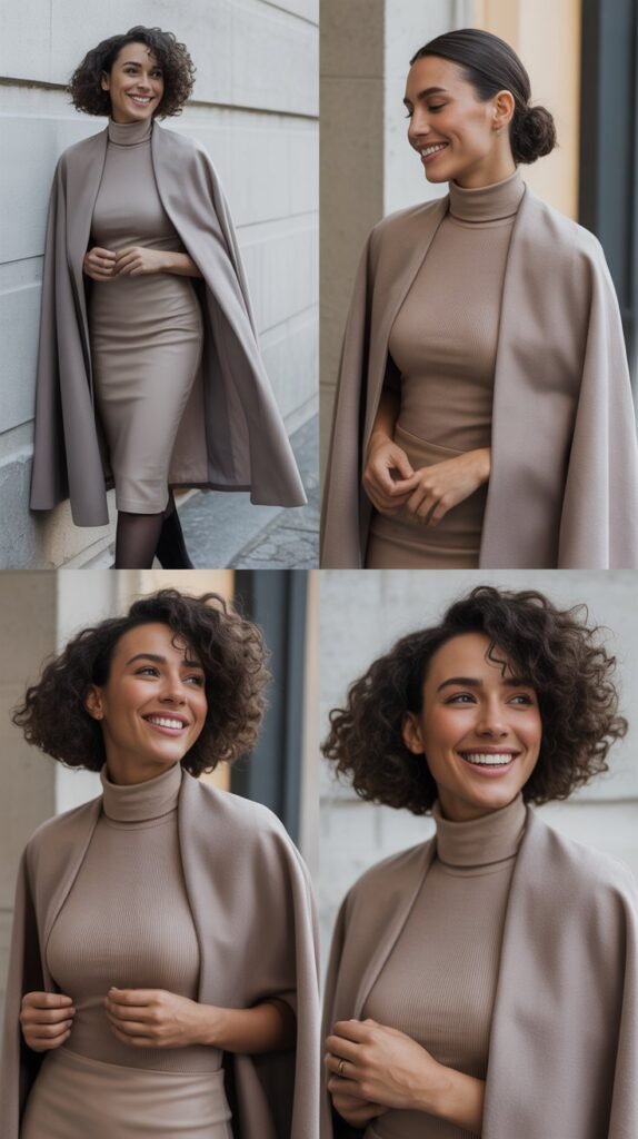 Cape Coat with Turtleneck Dress