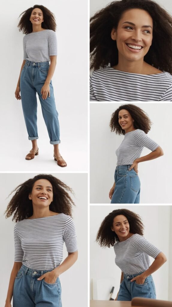 Striped Boatneck Top with Cuffed Mom Jeans