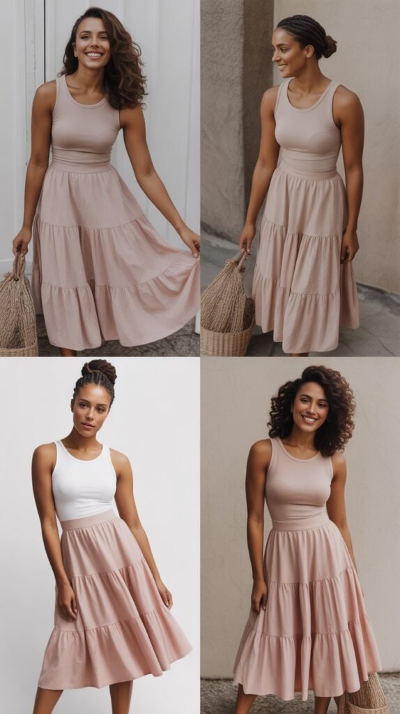  Tiered Midi Skirt with Fitted Tank Top