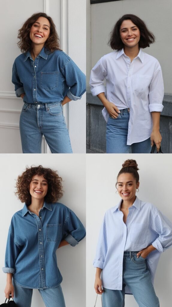 Classic Denim Jeans with Oversized Button-Down Shirt