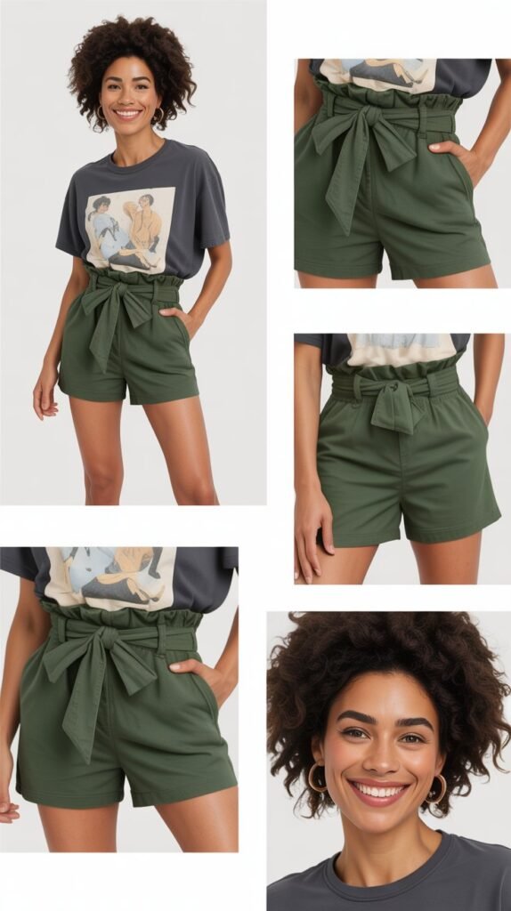 Graphic Tee with Paperbag Waist Shorts