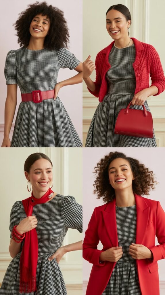 Gingham Print Dress with Red Accessories