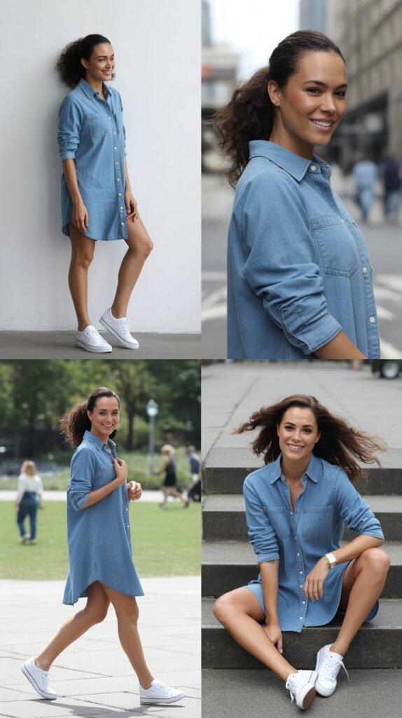 Chambray Shirt Dress with Sneakers