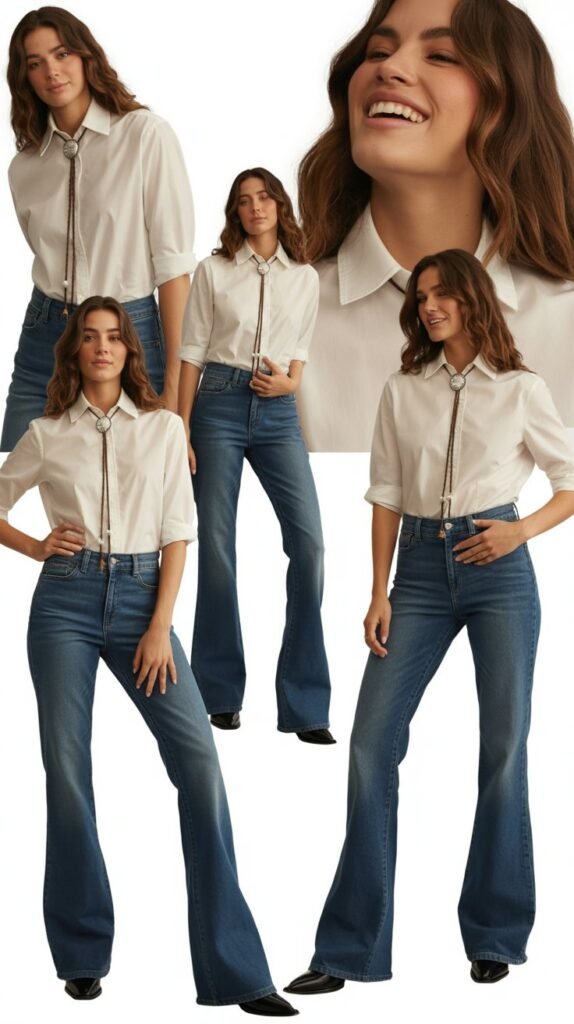 Bootcut Jeans With Bolo Tie And Solid Button-Up