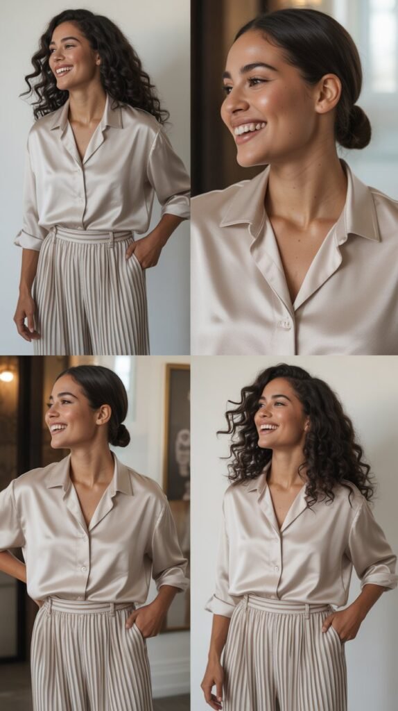 Silk Blouse and Pleated Trousers