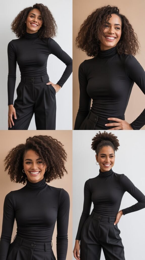 Black Turtleneck Tucked Into High-Waisted Trousers