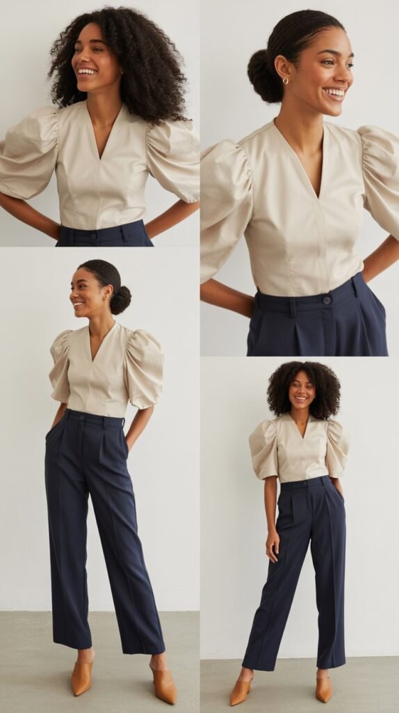 Puff Sleeve Blouse with Straight-Leg Pants and Mules