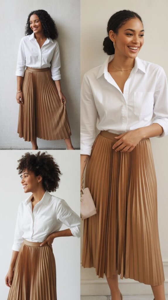 Pleated Midi Skirt with Button-Down Shirt