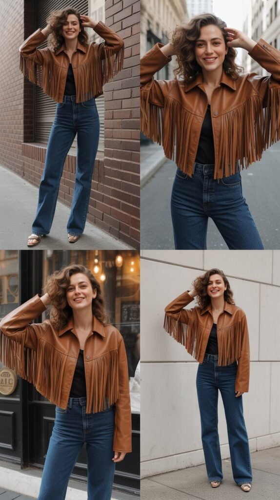  High-Waisted Straight Leg Jeans With Fringe Leather Jacket
