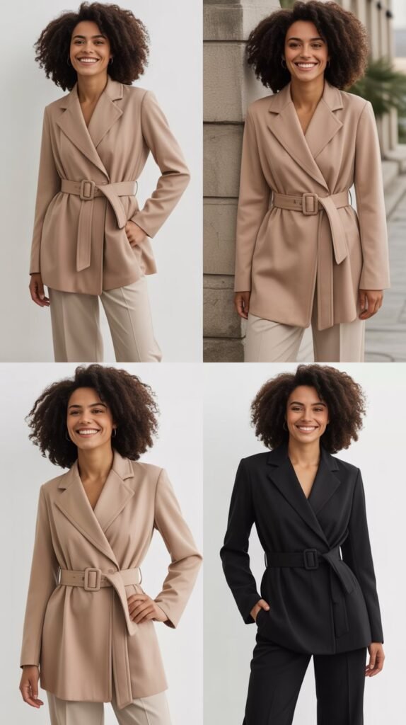 Belted Wrap Coat with Dress Pants
