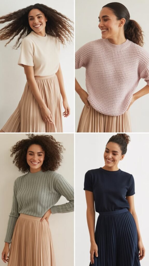  Pleated Midi Skirt with Knit Top