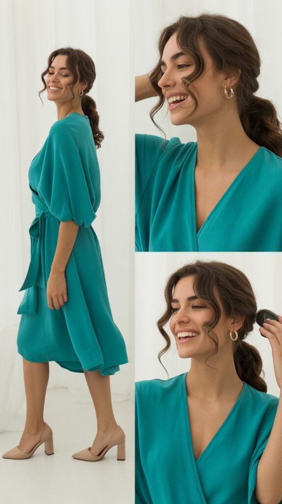 Teal Wrap Dress with Nude Heels