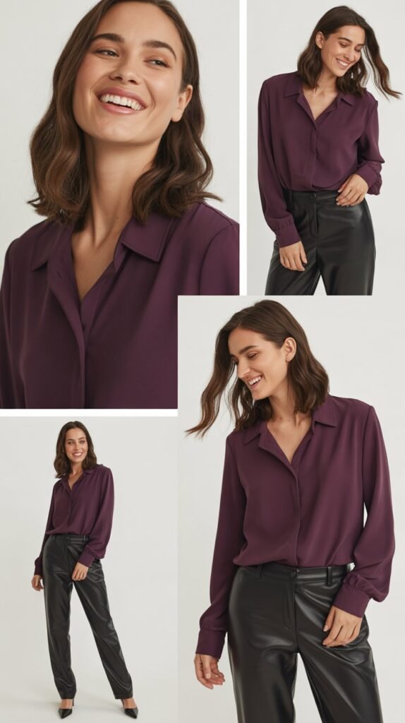 Plum Blouse with Black Leather Pants