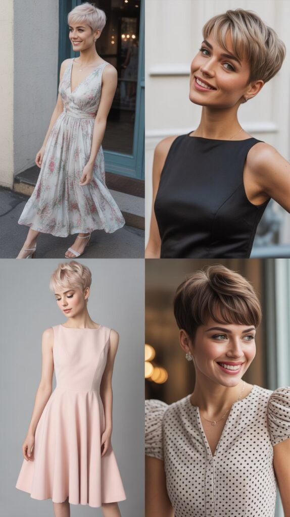 The Pixie with Bangs and Feminine Dresses