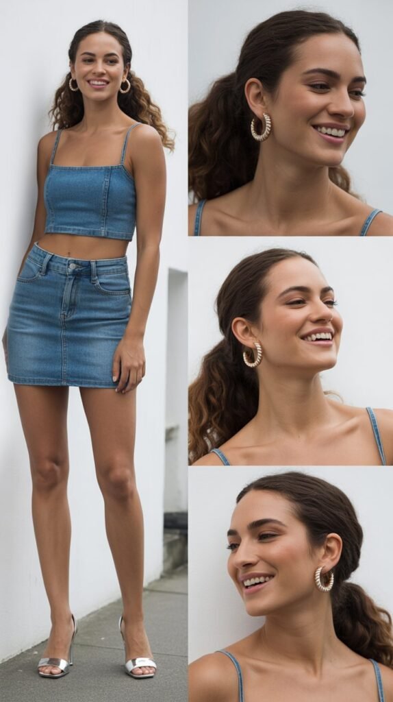 Denim Mini Skirt with Crop Top and Hoop Earrings