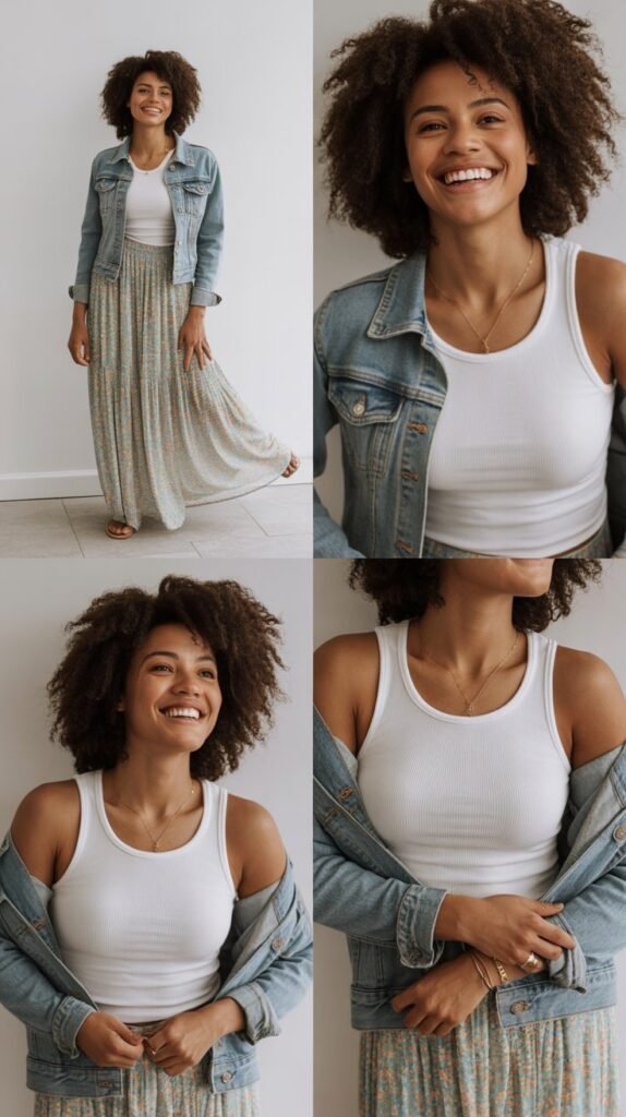 Maxi Skirt with Fitted Tank and Denim Jacket